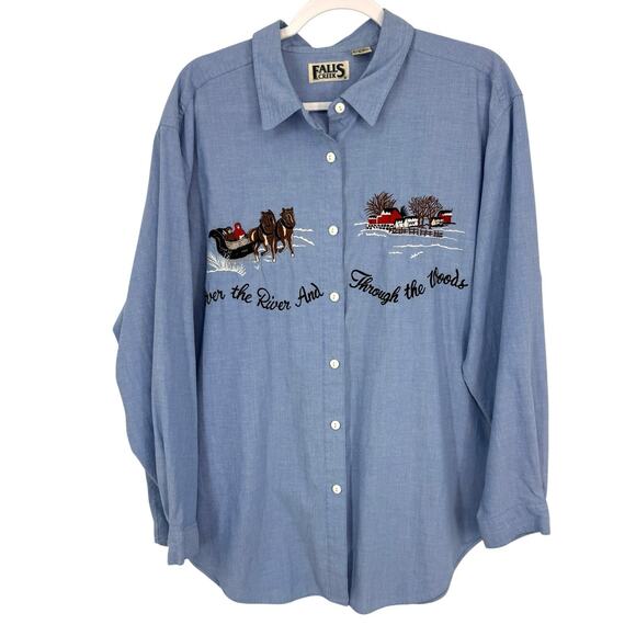 Falls Creek Christmas Embroidered Button Up Shirt Chambray size 22W Vintage - Picture 9 of 9